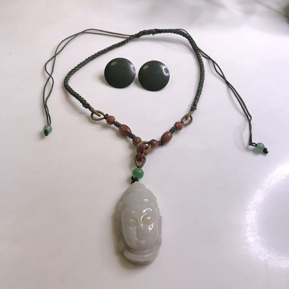 Buddha Necklace/Choker and Green Earrings